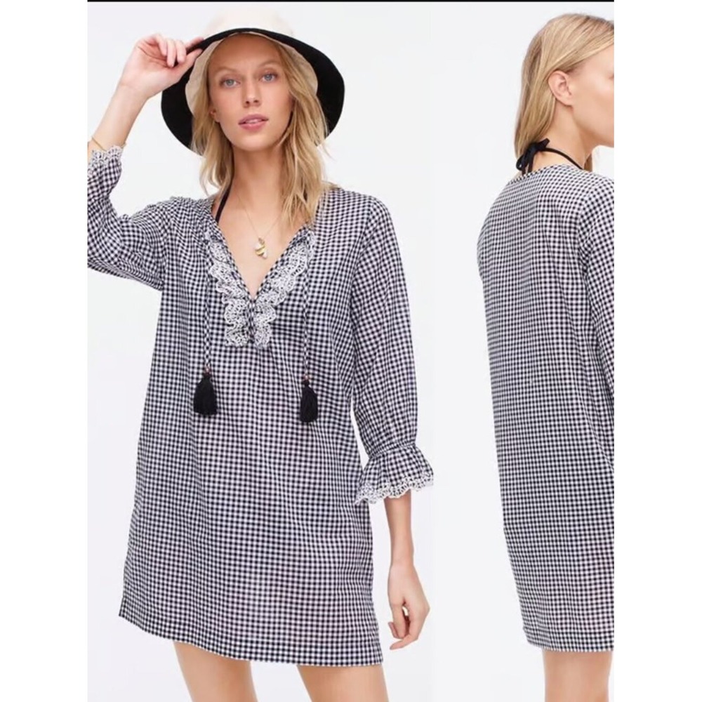 J. Crew‎ Black White Gingham Ruffle Scalloped Dress Small Feminine Preppy